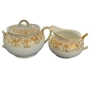 Vintage Cream Gold Floral Sugar‎ Bowl Creamer Set Porcelain
